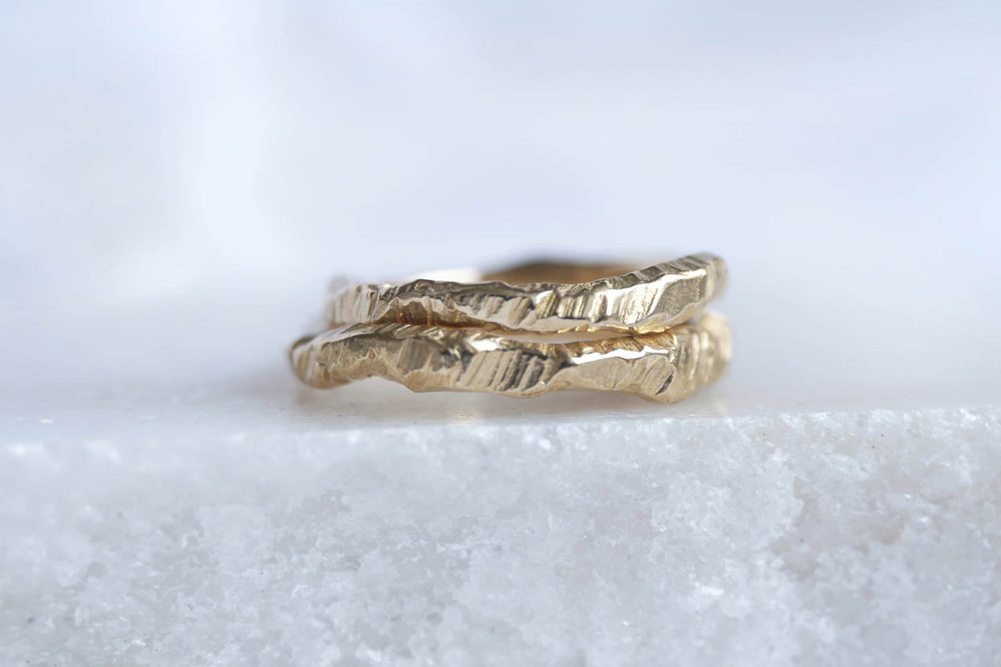 Handcrafted 9K or 18K gold ring with tree-bark texture and matte finish, inspired by the forest and handmade by Shanho Jewellery UK.