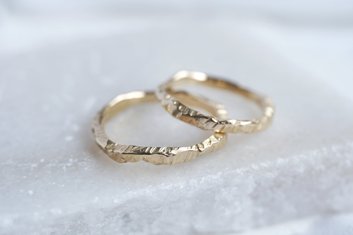 Handcrafted 9K or 18K gold ring with tree-bark texture and matte finish, inspired by the forest and handmade by Shanho Jewellery UK.